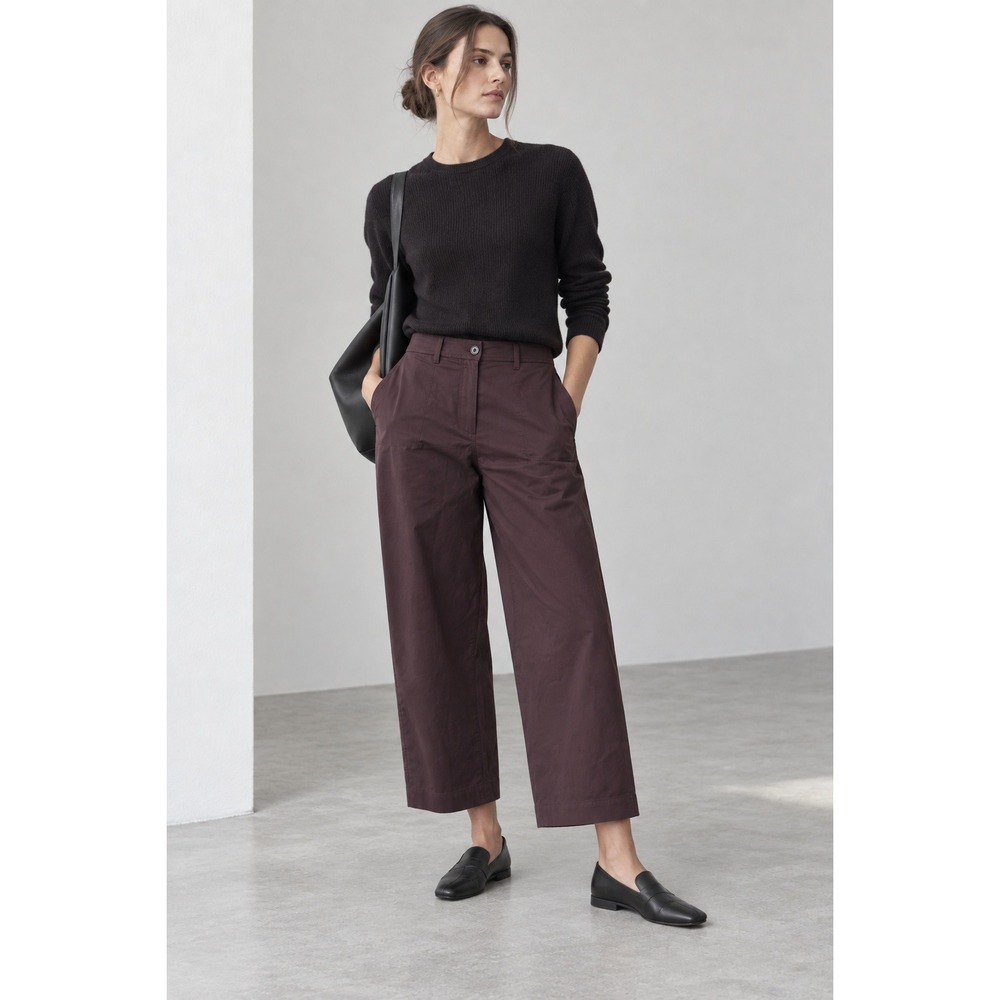 COS Tailored Wide Leg Trousers Plum Burgundy Cotton Stretch High Rise Pants- 8